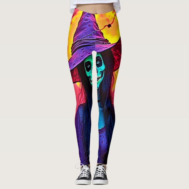 Halloween Hexe mit Skull Face Design Leggings (Vorderseite)