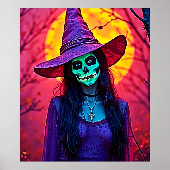 Halloween Hexe mit Skull Face Design Poster (Vorne)