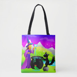 Halloween Hexe mit Zaubertrank und schwarzer Katze Tasche