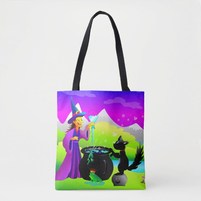 Halloween Hexe mit Zaubertrank und schwarzer Katze Tasche (Vorderseite)