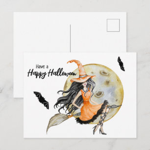 Halloween Hexe, Mond und Fledermäuse Postkarte