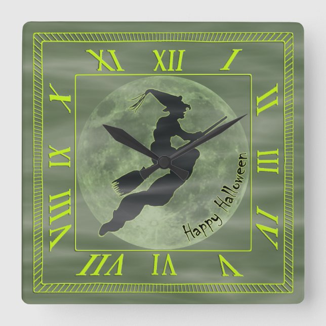 Halloween-Hexe - quadratische Uhr mit römischen (Vorderseite)