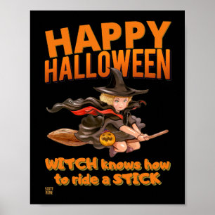 "HALLOWEEN HEXE REITET AUF BESENSTIEL" lustig Poster