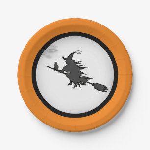 Halloween Hexe & schwarze Katze auf Orange & Weiß Pappteller