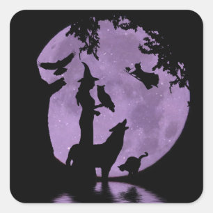 Halloween-Hexe, schwarze Katze, Eule, Rabe und Wol Quadratischer Aufkleber