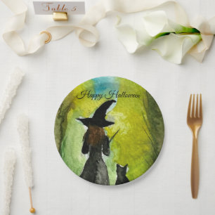 Halloween Hexe schwarze Katze Frau Zauber Pappteller