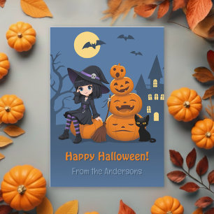Halloween Hexe, schwarze Katze, Kürbisse von Famil Feiertagskarte