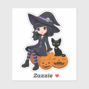 Halloween-Hexe, schwarze Katze und gebogene Kürbis Aufkleber