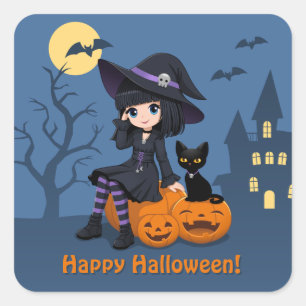 Halloween-Hexe, schwarze Katze und gebogene Kürbis Quadratischer Aufkleber