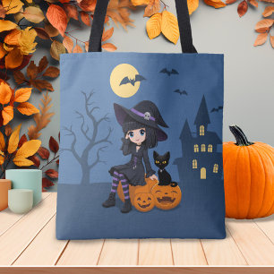 Halloween-Hexe, schwarze Katze und gebogene Kürbis Tasche