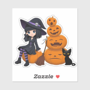 Halloween-Hexe, schwarze Katze und Kürbisse Aufkleber