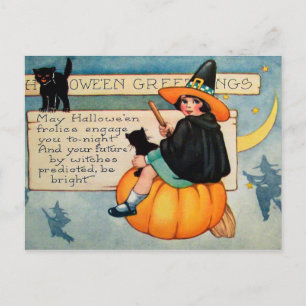 Halloween Hexe schwarze Katzen Vintage Postkarte