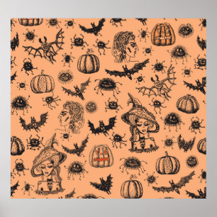 Halloween Hexe Silhouette: Cartoon Muster. Poster
