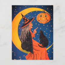 Halloween Hexe sitzt Vintag auf dem Mond