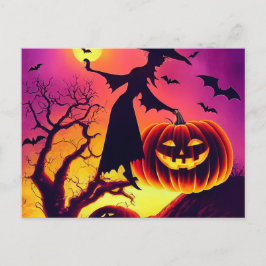 Halloween Hexe tanzt mit Kürbiss im Mondlicht. Postkarte