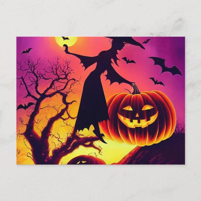 Halloween Hexe tanzt mit Kürbiss im Mondlicht.  Postkarte (Vorderseite)
