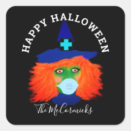 Halloween Hexe Tragen eines Maskenskriptnamen Quadratischer Aufkleber