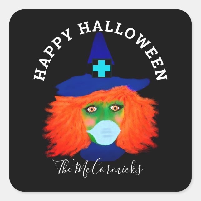 Halloween Hexe Tragen eines Maskenskriptnamen Quadratischer Aufkleber (Vorderseite)