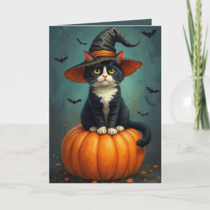 Halloween Hexe Tuxedo Katze auf einem Kürbis Karte