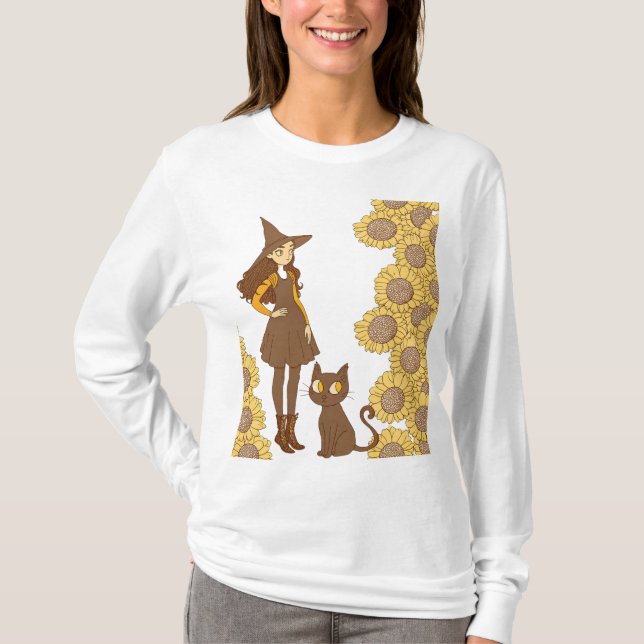 "Halloween Hexe und Cat Basic Long Sleeve T - Shir T-Shirt (Vorderseite)