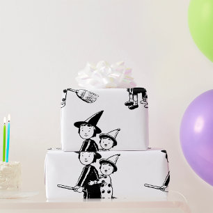 Halloween-Hexe und Clown auf einem Besenstiel Geschenkpapier