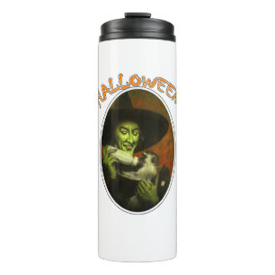 Halloween Hexe und fliegender Affe Thermosbecher