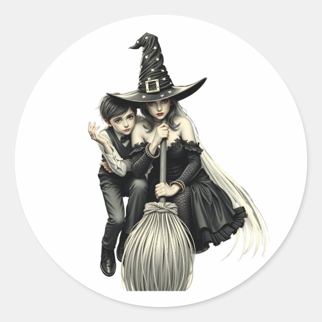 Halloween Hexe und Junge: Dunkle Magie Runder Aufkleber (Vorderseite)
