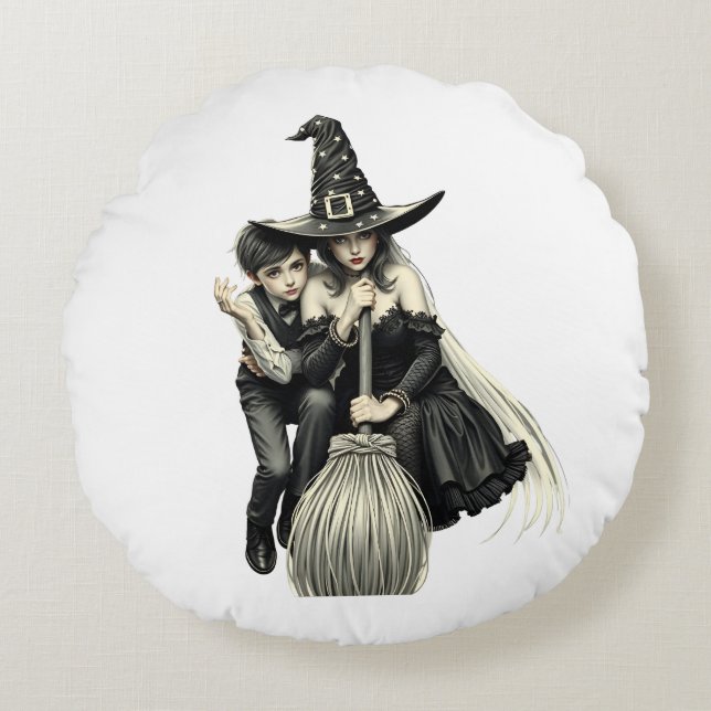 Halloween Hexe und Junge: Dunkle Magie Rundes Kissen (Vorderseite)