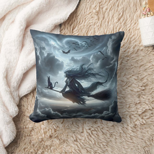 Halloween Hexe und Katze auf einem Zimmer Kissen (Decke)