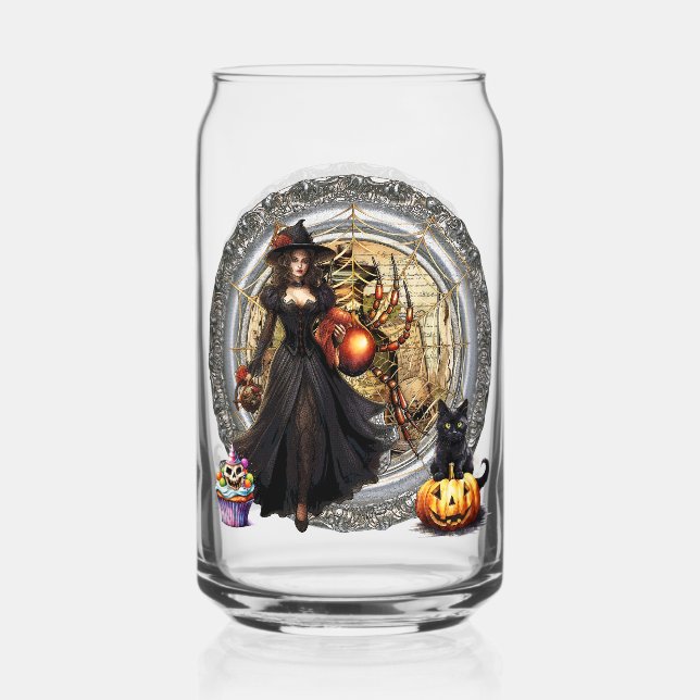 Halloween Hexe und Katze Dosenglas (Vorderseite)