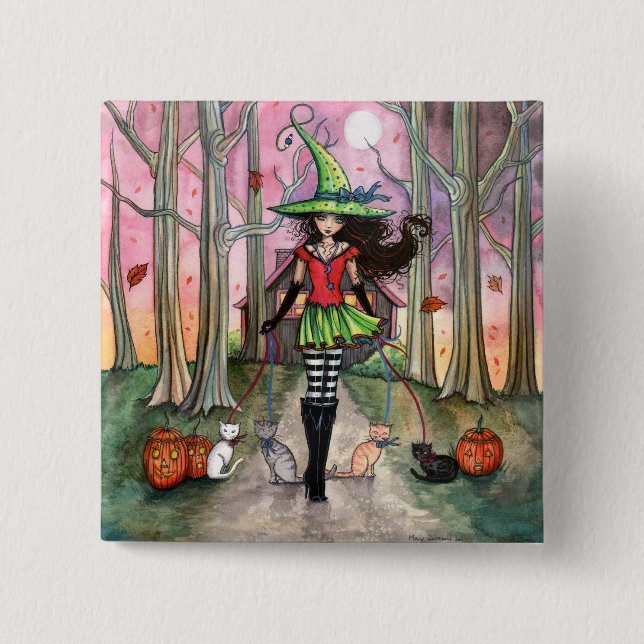 Halloween Hexe und Katze Pinback Button (Vorderseite)
