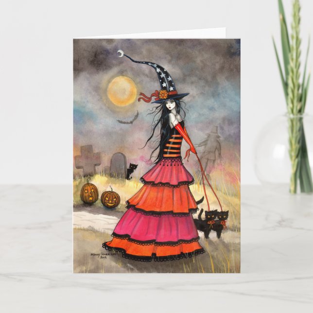 Halloween-Hexe und Katzen-Friedhofs-Karte Karte (Vorderseite)