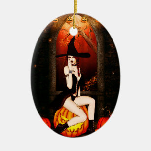 Halloween Hexe und Kürbis Keramik Ornament