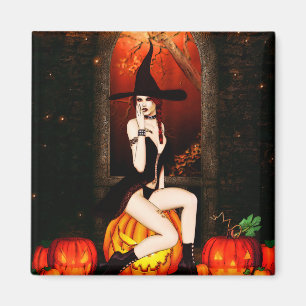 Halloween Hexe und Kürbis Magnet