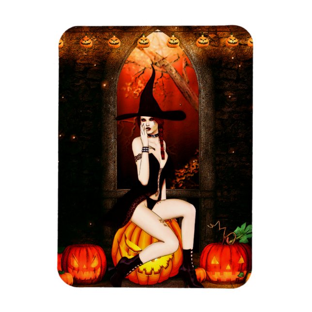 Halloween Hexe und Kürbis Magnet (Vertikal)