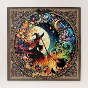 Halloween-Hexe und magischer Kessel unter Vollmond