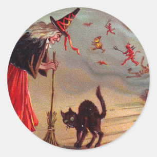 Halloween-Hexe und schwarze Katze Runder Aufkleber