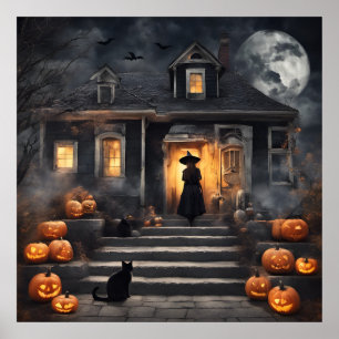 Halloween Hexe und Spuk Haus Poster