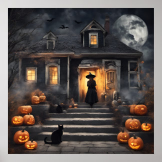 Halloween Hexe und Spuk Haus Poster