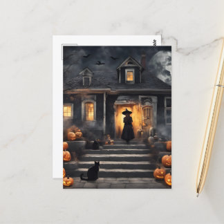 Halloween Hexe und Spuk Haus Postkarte