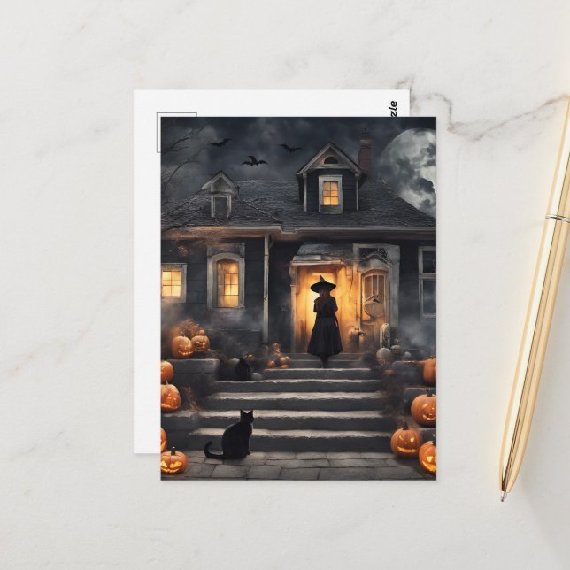 Halloween Hexe und Spuk Haus Postkarte (Vorderseite/Rückseite Beispiel)