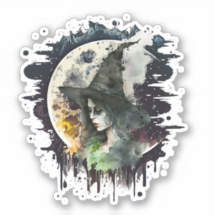 Halloween Hexe und Vollmond Aufkleber