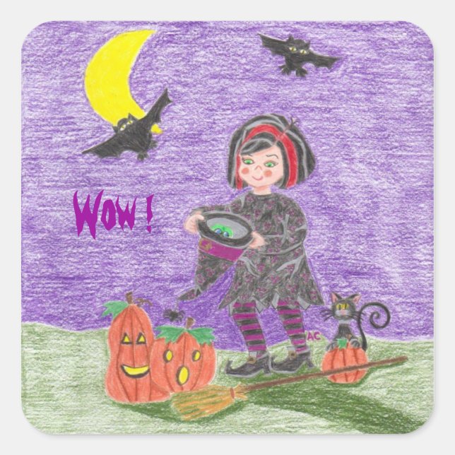 Halloween Hexe, Wow ! Quadratischer Aufkleber (Vorderseite)