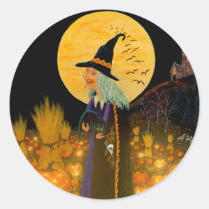 Halloween-Hexeaufkleber, Hexe und Kürbislaternen Runder Aufkleber