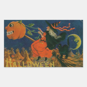 Halloween Hexen-Kürbis-Besen Vintage Rechteckiger Aufkleber