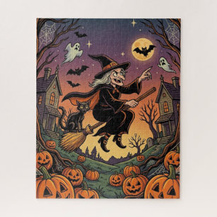 Halloween Hexen-Puzzle - Hexe auf Besen schwarze K