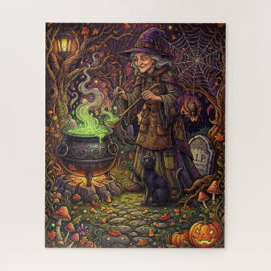 Halloween Hexen-Puzzle - Hexe rührt schwarze Katze