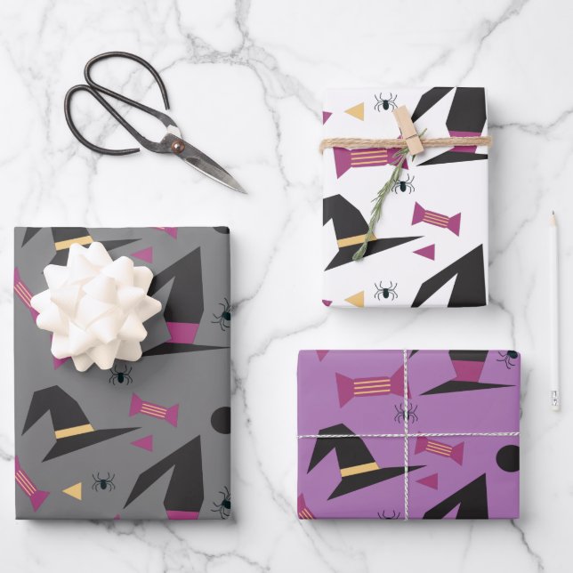 Halloween Hexenhut Candy Orange Black Lila Geschenkpapier Set (Vorderseite)