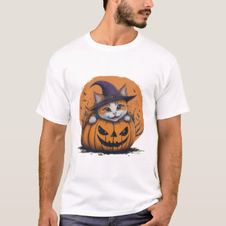 Halloween-Hexenhut-Katze in Kürbis Grusel-Saison T-Shirt