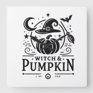 Halloween Hexenhut und Pumpkin Design Magic Art Quadratische Wanduhr